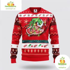 Detroit Red Wings Ugly Christmas Sweater Grinch Hand Design