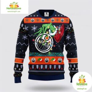 Edmonton Oilers Ugly Christmas Sweater Grinch Hand Design