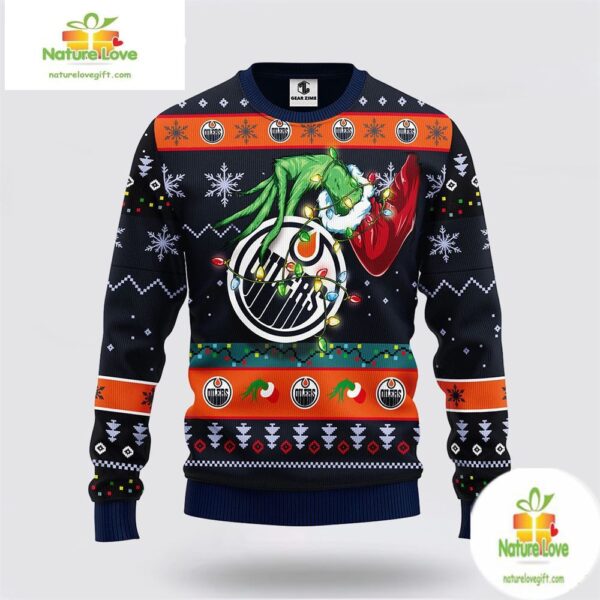 Edmonton Oilers Ugly Christmas Sweater Grinch Hand Design