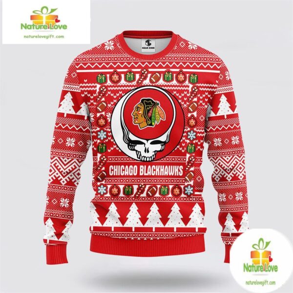 Grateful Dead NHL Chicago Blackhawks Ugly Christmas Sweater Fleece