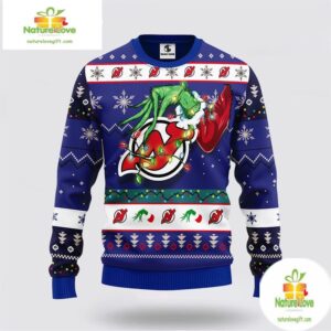 New Jersey Devils Ugly Christmas Sweater Grinch Hand Design