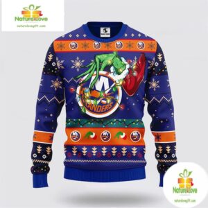 New York Islanders Ugly Christmas Sweater Grinch Hand Design