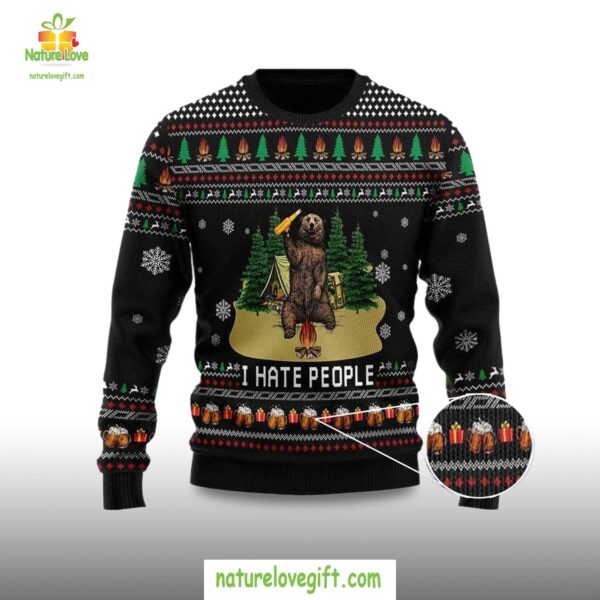 Ugly Christmas Sweater I Hate People Bear Drinking Beer