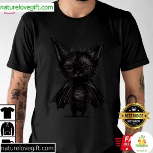 Halloween Grumpy Black Kitten In Bat T Shirt 2