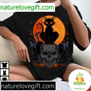 Gothic Black Cat T-Shirt Halloween Design with Skull