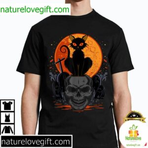 Halloween Gothic Black Cat Standing On Skull Best T Shirt 2
