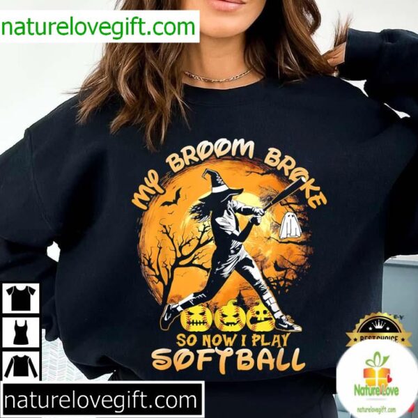 Halloween Softball T-Shirt My Broom Broke Baseball Design