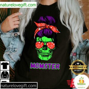 Skull Mom Halloween Shirt Funny Messy Bun Mama T-Shirt
