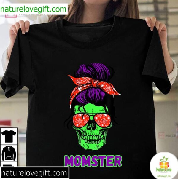 Skull Mom Halloween Shirt Funny Messy Bun Mama T-Shirt