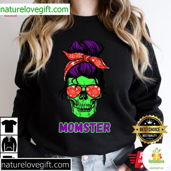 Skull Mom Halloween Shirt Funny Messy Bun Mama T-Shirt