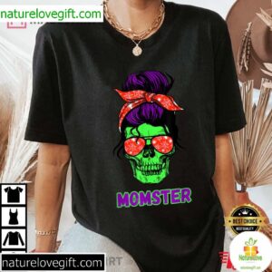 Funny Skull Mama Messy Bun Mom Halloween T Shirt 4