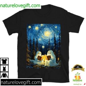 Halloween Starry Night Ghost Book Reading Camping Van Gogh T Shirt 2