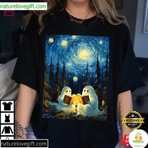 Halloween Starry Night Ghost Book Reading Camping Van Gogh T Shirt 3