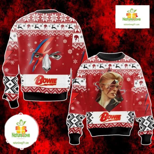 David Bowie Ugly Christmas Sweater Aladdin Sane Lightning Bolt Gift