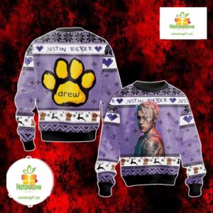 Justin Bieber Ugly Christmas Sweater Purple Holiday Knit Party