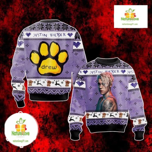 Justin Bieber Ugly Christmas Sweater Purple Holiday Knit Party