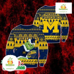 Michigan Wolverines Grinch Ugly Christmas Sweater Blue Yellow Holiday Fan Gift
