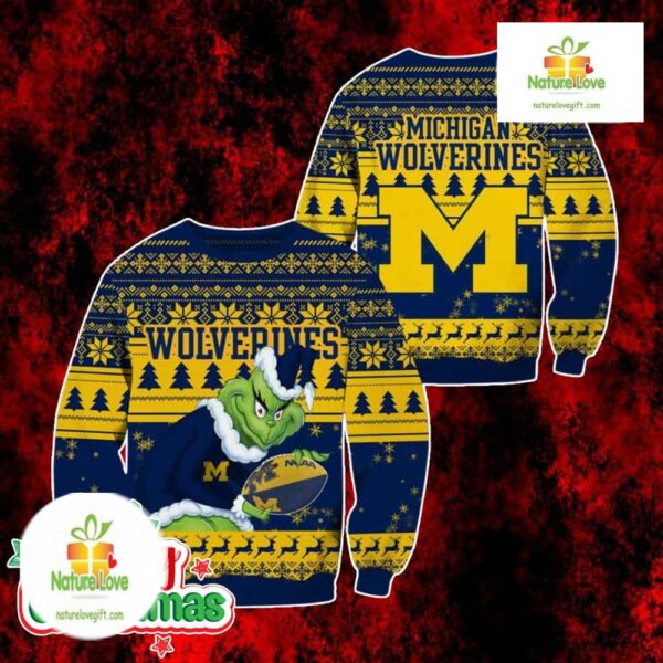 Michigan Wolverines Grinch Ugly Christmas Sweater Blue Yellow Holiday Fan Gift