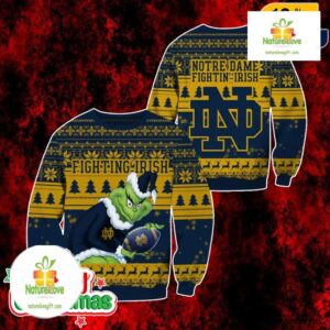 Notre Dame Fighting Irish Grinch Ugly Christmas Sweater Navy Gold Pullover
