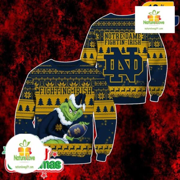 Notre Dame Fighting Irish Grinch Ugly Christmas Sweater Navy Gold Pullover