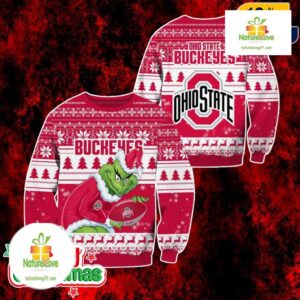 Ohio State Buckeyes Grinch Ugly Christmas Sweater Red White Holiday Pullover