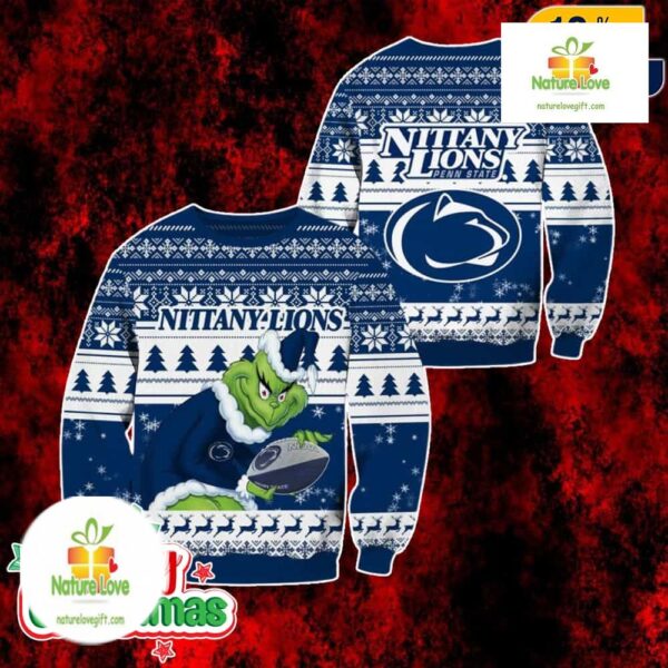 Penn State Nittany Lions Grinch Ugly Christmas Sweater Blue White Holiday Pullover