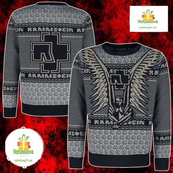 Rammstein Ugly Christmas Sweater Black Gold Angel Wings Snowflake Unisex