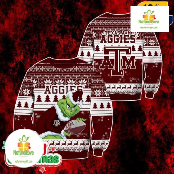 Texas A&M Aggies Grinch Ugly Christmas Sweater Maroon White Holiday Jumper