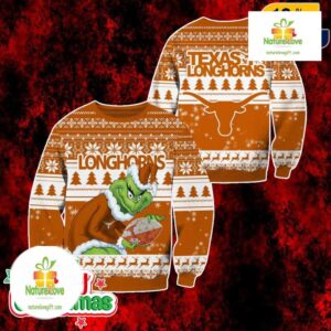 Texas Longhorns Grinch Ugly Christmas Sweater Burnt Orange Holiday Jumper