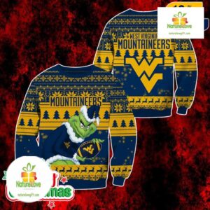 West Virginia Mountaineers Grinch Ugly Christmas Sweater Blue Gold Holiday Jumper