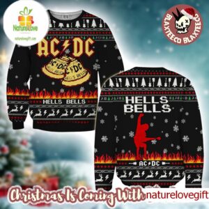ACDC Angus Young Hells Bells With Flames And Reindeer Pattern Christmas Ugly Sweater