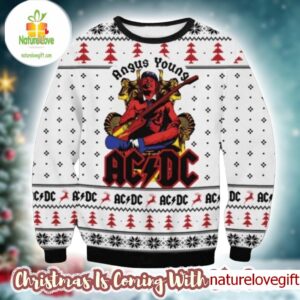 ACDC Angus Young In Throne Snowflakes Pattern Knitted White Ugly Christmas Sweater ACDC Angus Young In Throne Snowflakes Pattern Knitted White Ugly Christmas Sweater