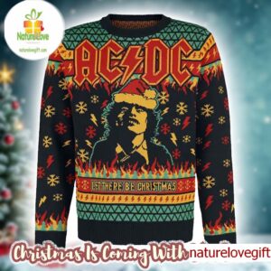 ACDC Angus Young Let There Be Christmas Thunder And Snowflakes Pattern Holiday Gift Ugly Christmas Sweater