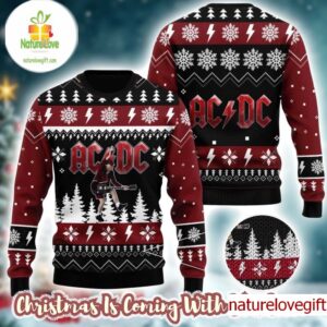 ACDC Angus Young Signature Move Under The Snowy Night 2025 Christmas Ugly Sweater