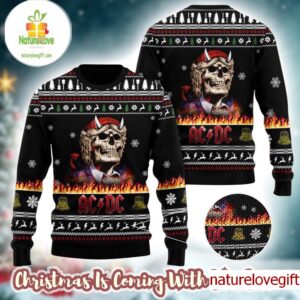 ACDC Angus Young Skeleton In Flame 2025 Knitted Black Ugly Christmas Sweater
