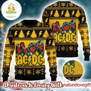 ACDC Band Funny Graphics Snowflakes And Thunder Pattern Knitted Black And Yellow Christmas Ugly Sweater ACDC Band Funny Graphics Snowflakes And Thunder Pattern Knitted Black And Yellow Christmas Ugly Sweater