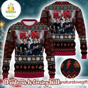 ACDC Band Members Photo Snowflakes And Thunder Logo Pattern Knitted Ugly Christmas Sweater