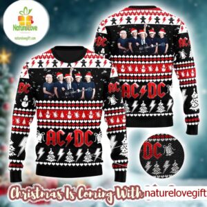 ACDC Band Members Photo With Santa Hats Holiday Christmas Ugly Sweater