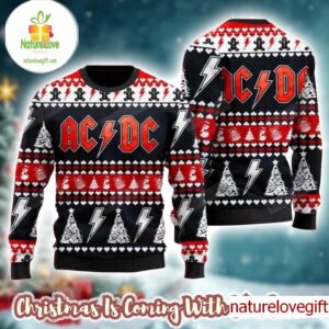 ACDC Band Signature Logo With Thunder And Xmas Tree Pattern 2025 Ugly Christmas Sweater ACDC Band Signature Logo With Thunder And Xmas Tree Pattern 2025 Ugly Christmas Sweater