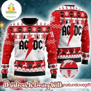 ACDC Big Logo Thunder With Horns Holiday Pattern Red And White Ugly Christmas Sweater ACDC Big Logo Thunder With Horns Holiday Pattern Red And White Ugly Christmas Sweater