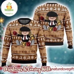 ACDC Brian Johnson Chibi Style Playing Toy Knitted Brown Ugly Christmas Sweater ACDC Brian Johnson Chibi Style Playing Toy Knitted Brown Ugly Christmas Sweater