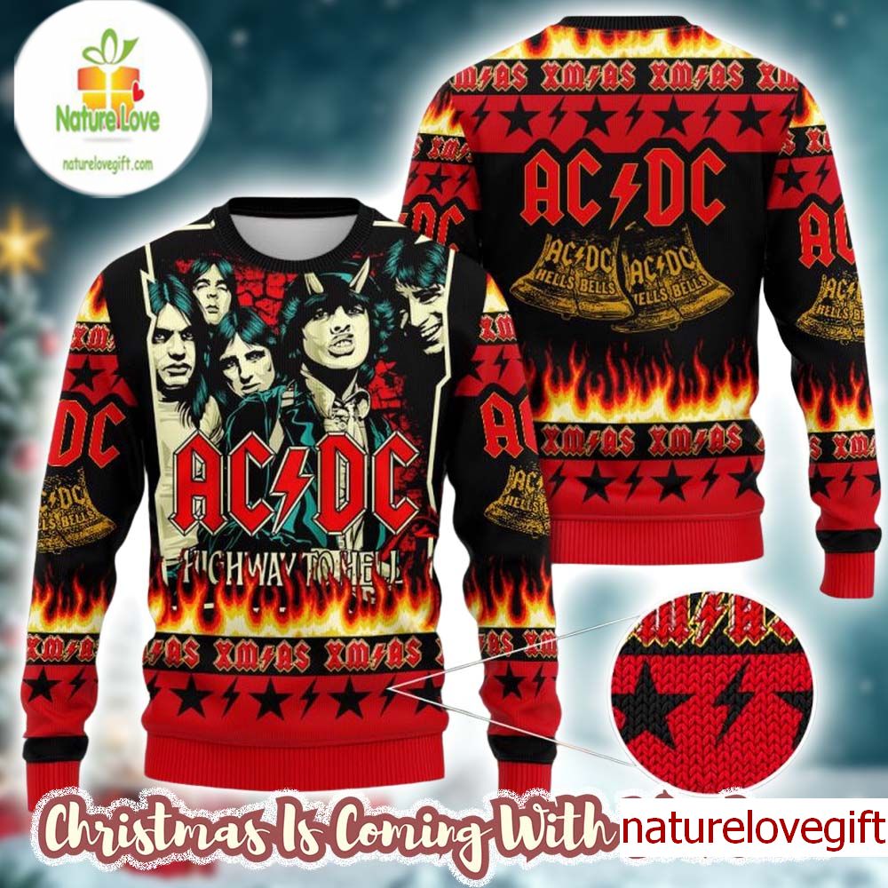 ACDC High Way To Hell X Hells Bells Signature Albums Xmas Black And Red Ugly Christmas Sweater ACDC High Way To Hell X Hells Bells Signature Albums Xmas Black And Red Ugly Christmas Sweater