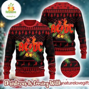 ACDC Holiday Style Knitted Red And Black Ugly Christmas Sweater