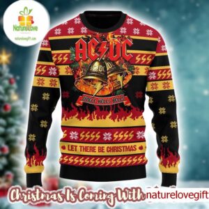 ACDC Jingle Hells Bells Let There Be Christmas Flames Pattern Knitted Ugly Christmas Sweater