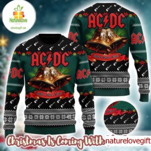 ACDC Jingle Hells Bells With Signature Bells Art Electric Guitar Pattern Ugly Christmas Sweater 2025