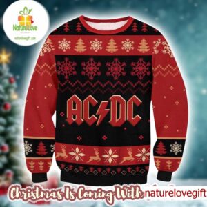 ACDC Logo With Snowflakes And Reindeer Pattern Black And Red Christmas Ugly Sweater ACDC Logo With Snowflakes And Reindeer Pattern Black And Red Christmas Ugly Sweater