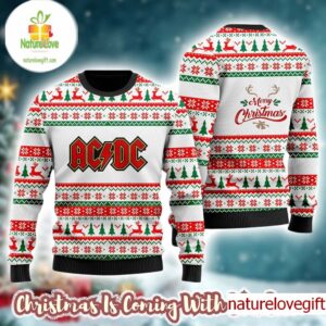 ACDC Merry Christmas Signature Logo With Holiday Pattern Knitted White Ugly Christmas Sweater ACDC Merry Christmas Signature Logo With Holiday Pattern Knitted White Ugly Christmas Sweater