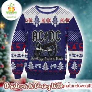 ACDC Signature Cannon For Those About To Rock Knitted Purple Ugly Christmas Sweater