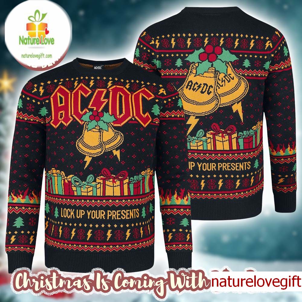 ACDC Xmas Hell Bells Lock Up Your Presents Holiday 2025 Christmas Jumper Multicolour Ugly Sweater ACDC Xmas Hell Bells Lock Up Your Presents Holiday 2025 Christmas Jumper Multicolour Ugly Sweater