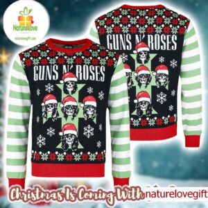 Guns N Roses Band Cross Logo Skeletons With Santa Hats Xmas Holiday Jumper Multicolor Ugly Christmas Sweater